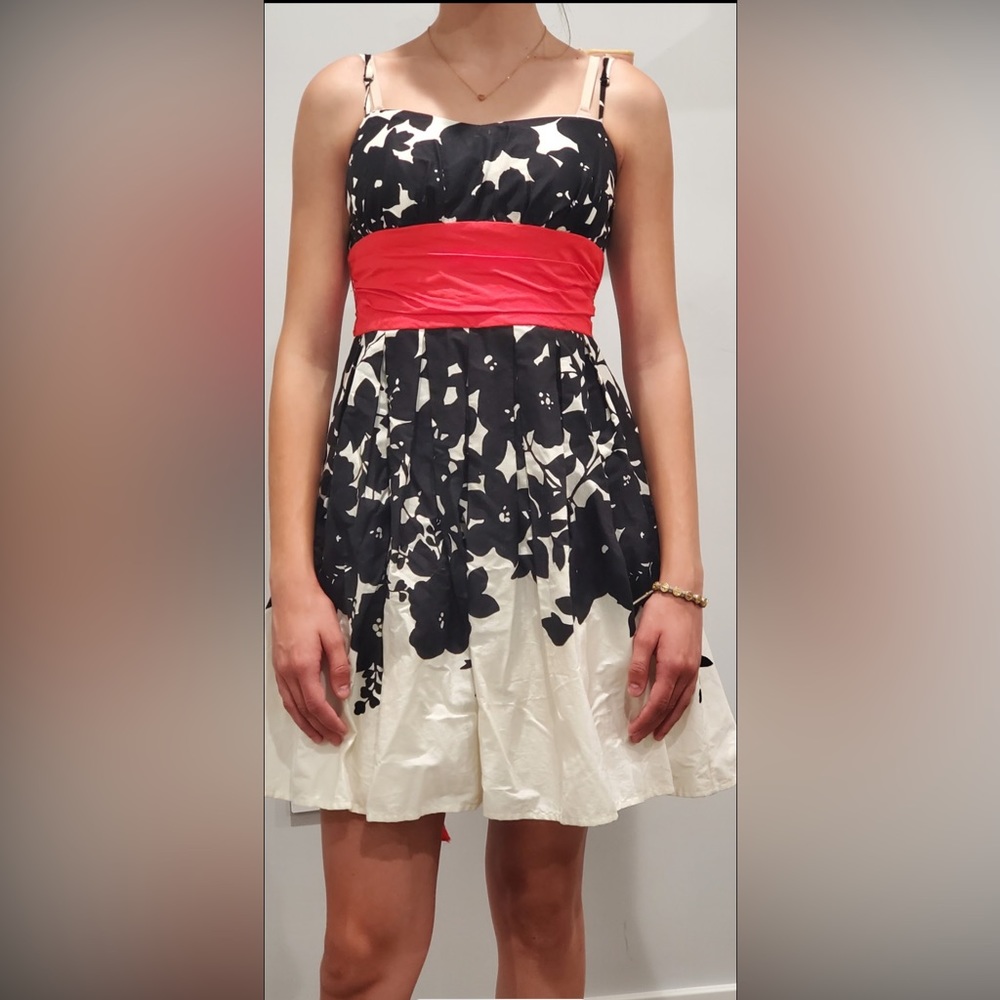 B Darlin Black and White Floral Dress with Red Waist Ribbon
